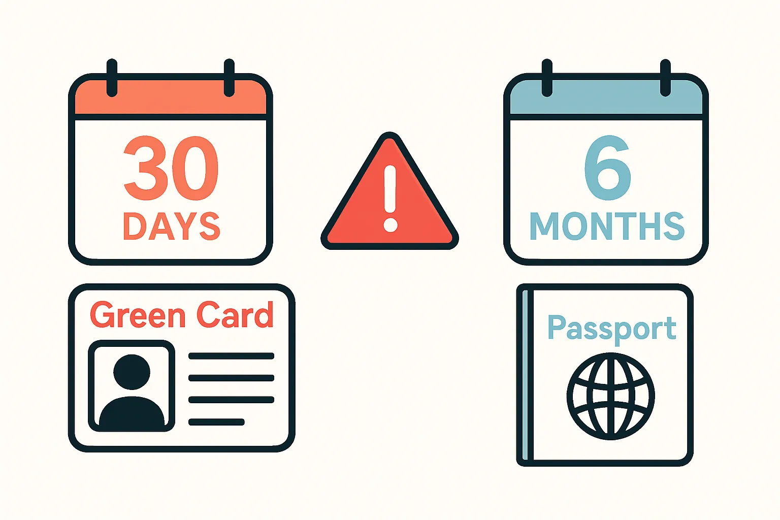 Diagrama con dos calendarios que contrastan el plazo de 30 días de la green card contra los 6 meses del pasaporte