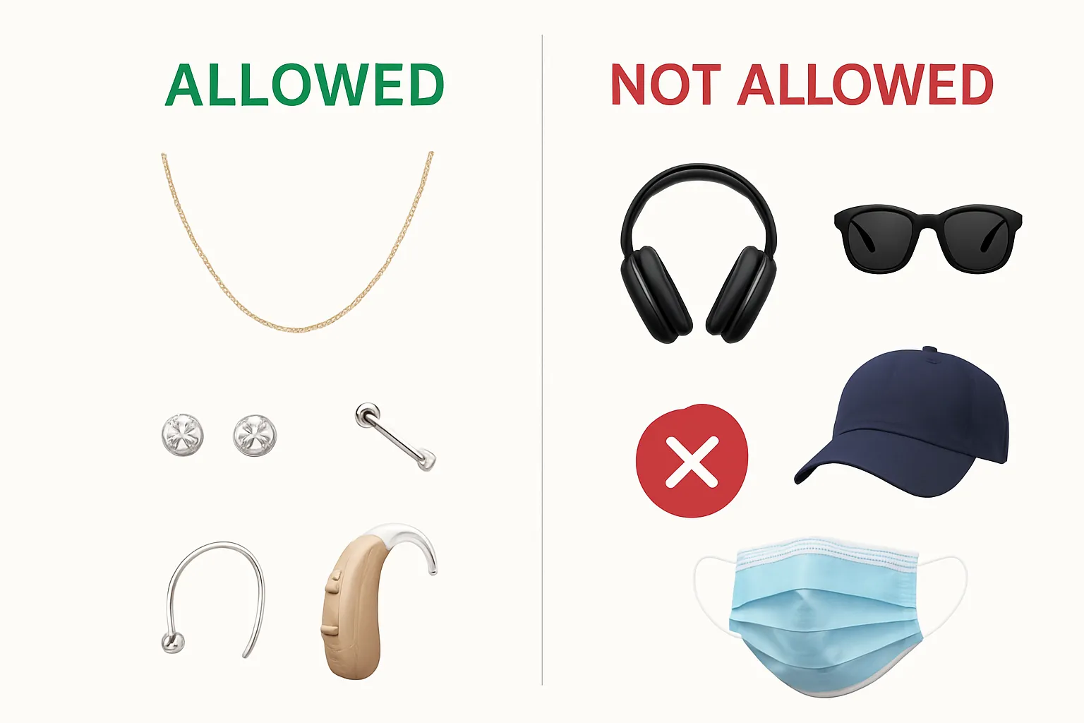 Passport photo accessories: allowed items like jewelry and piercings vs not allowed items like headphones, sunglasses, caps, and face masks