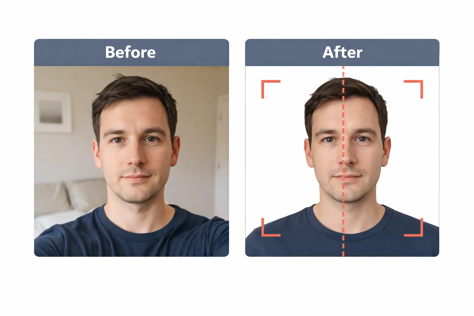 Before and after: a selfie converted to a compliant 2x2 inch passport photo