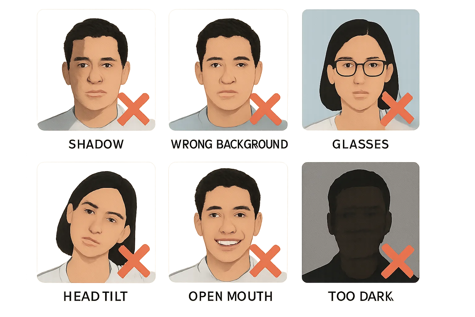 证件照常见被拒示例：阴影、背景错误、戴眼镜、头部歪斜、张嘴、光线太暗，每张都被打叉