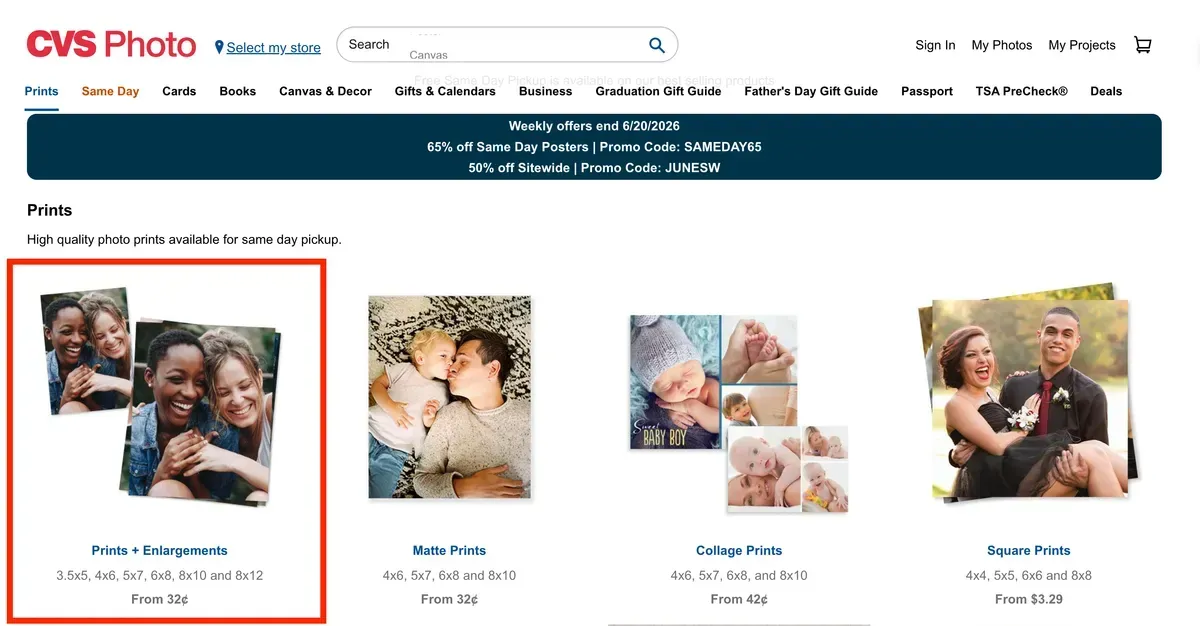 Choosing 4x6 Photo Prints on the CVS Photo website