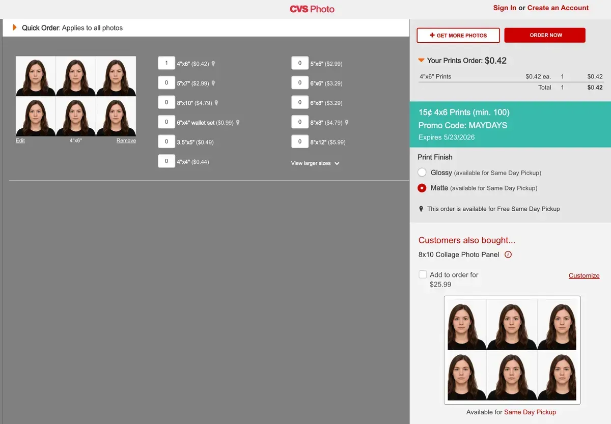 Uploading the 4x6 passport photo sheet on the CVS Photo website