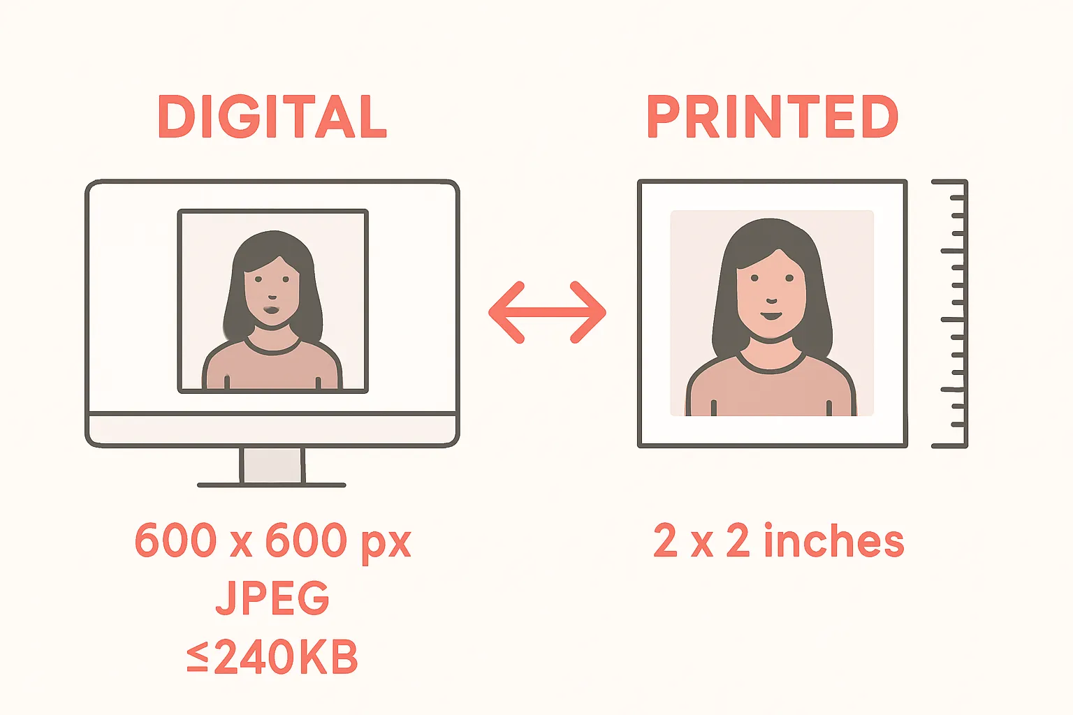 Comparación entre un archivo digital mostrado en pantalla y una foto ya impresa de 2x2 pulgadas