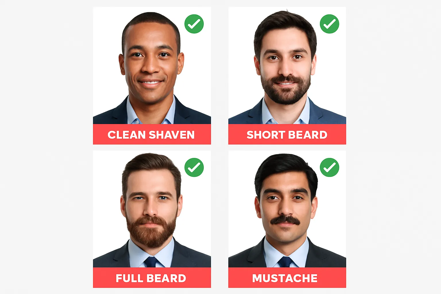 Different facial hair styles all acceptable for passport photos