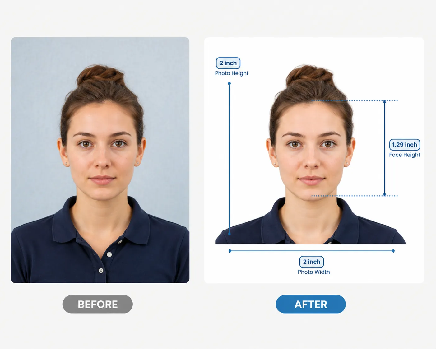 Before and after example: a casual selfie becomes a compliant 2x2 inch passport photo with a white background and the correct face-height measurements
