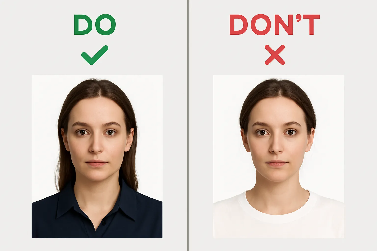 DO and DON'T comparison of passport photo clothing choices - dark navy blouse vs white shirt blending into background