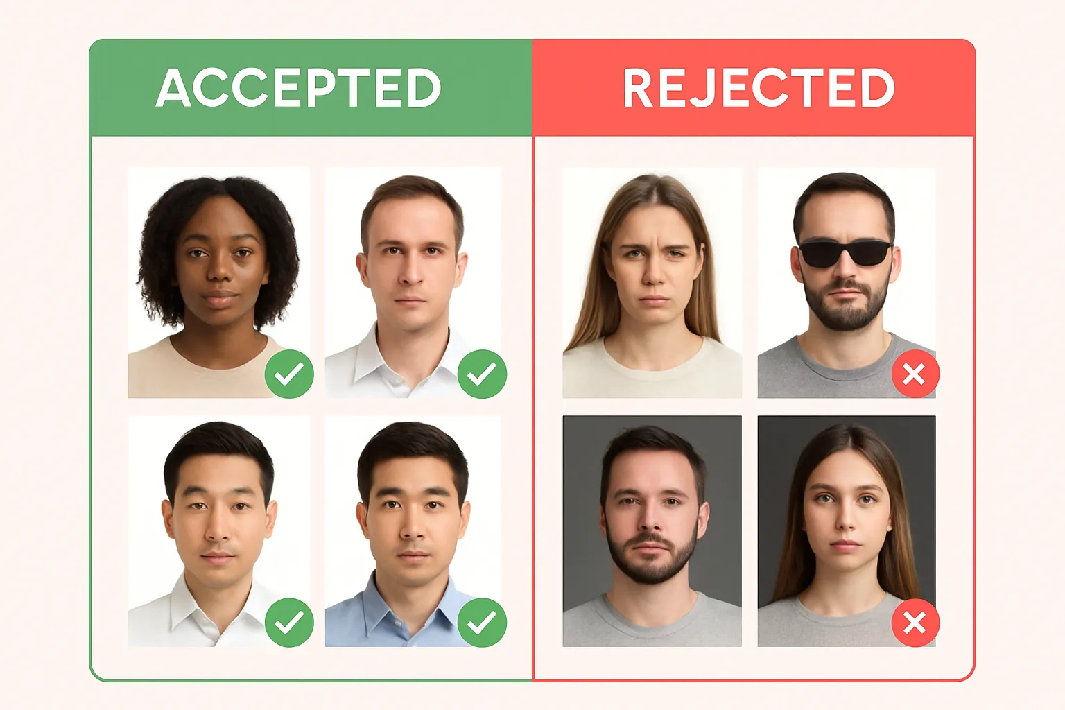 Side-by-side grid comparing accepted passport photos with green checkmarks versus rejected passport photos with red X marks showing common mistakes