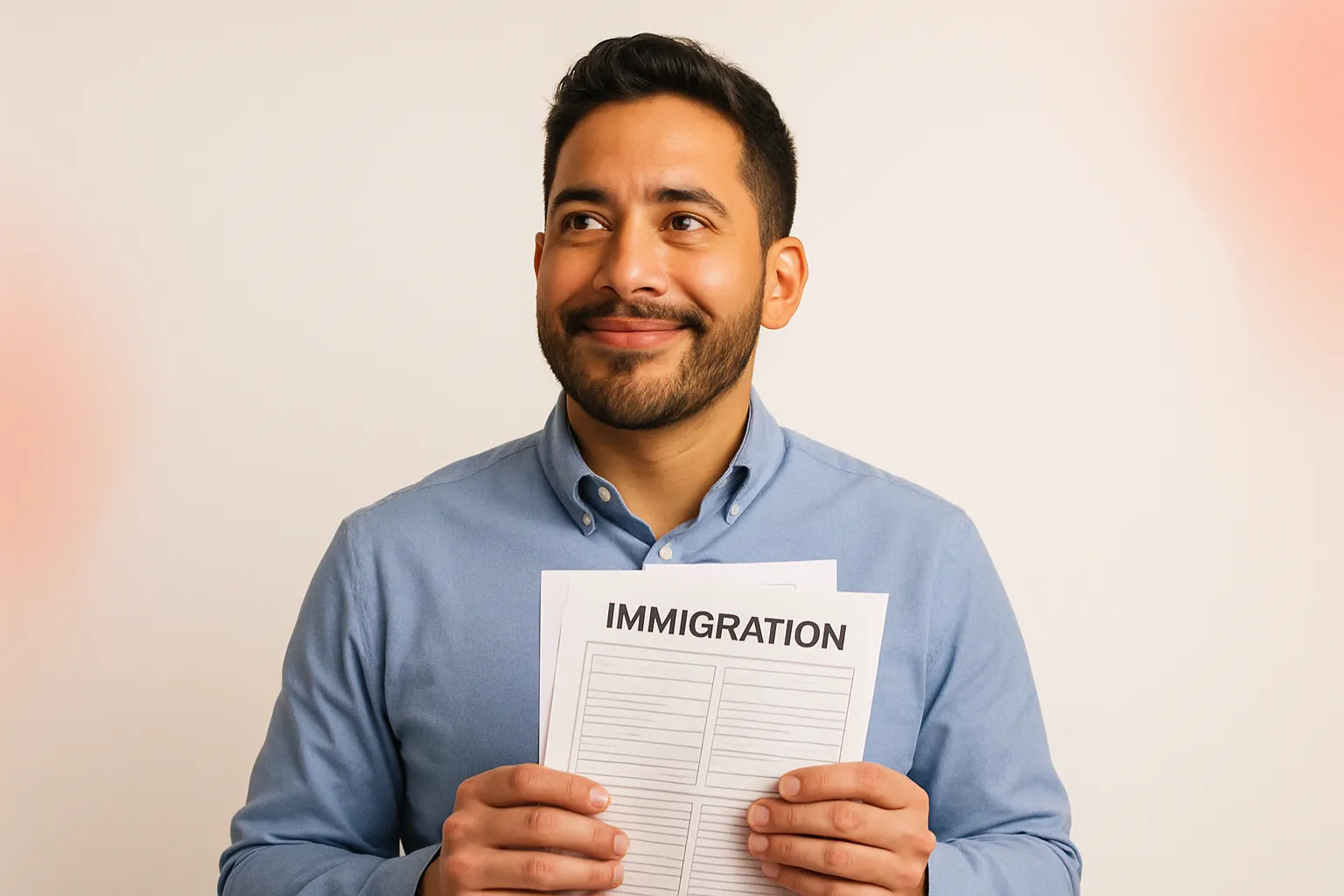 Persona sosteniendo un formulario de inmigración frente a un fondo claro