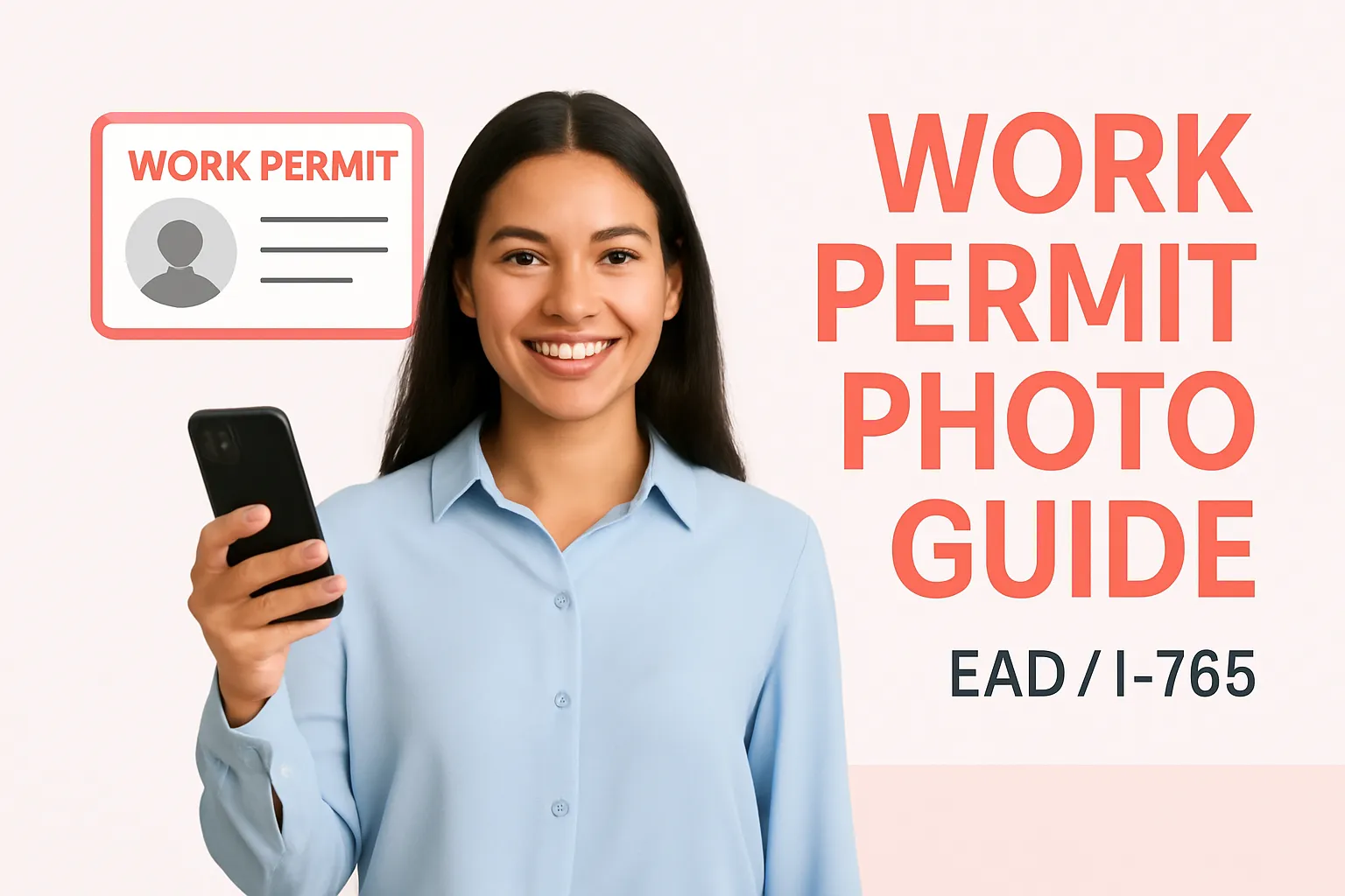 Persona con un celular en la mano junto a la ilustración de una tarjeta de permiso de trabajo