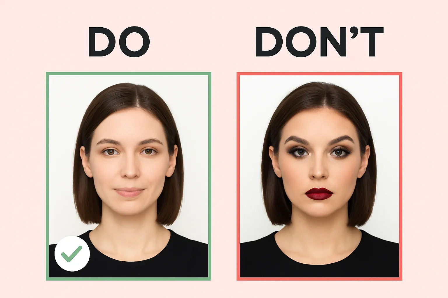 DO and DON'T comparison of passport photo makeup - natural light makeup vs heavy glam makeup with false lashes and bold contour