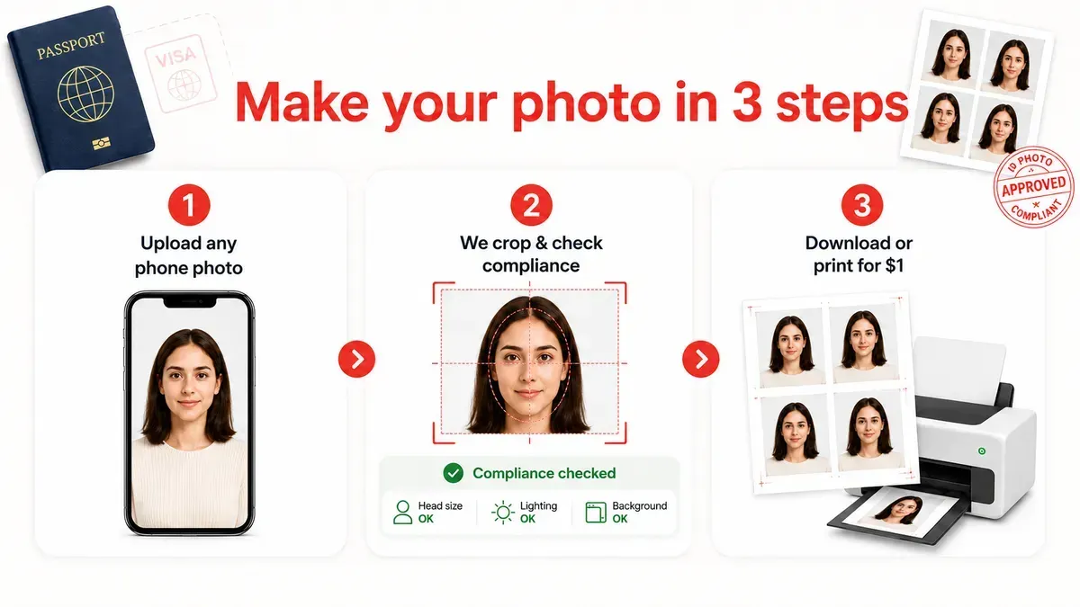 Make your passport photo in 3 steps: upload any phone photo, we crop and check compliance, download or print for $1