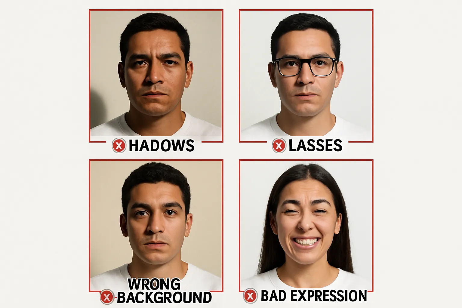 Grid of 4 common passport photo mistakes: shadows, glasses, wrong background, bad expression