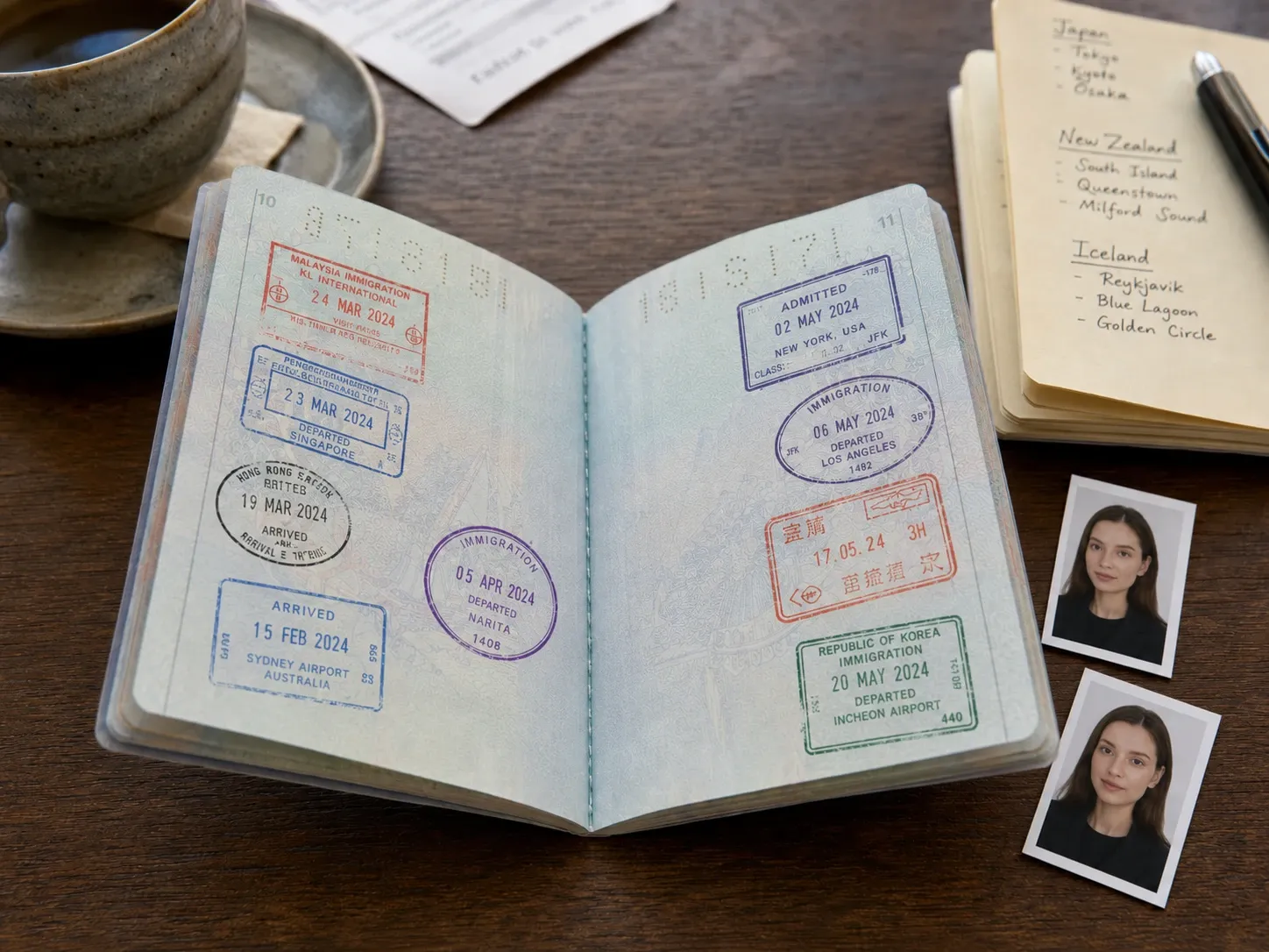 An open passport filled with immigration stamps next to two spare passport photos and a travel notebook