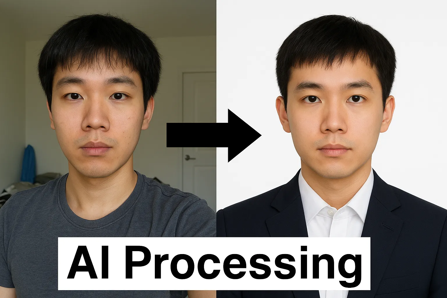 Before and after photo showing OneDollarPassportPhoto.com's background removal and cropping