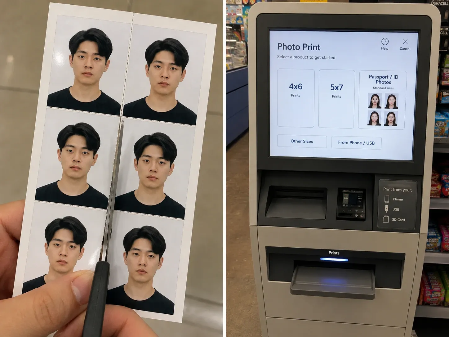 A 4x6 print holding six passport photos being cut apart, beside a convenience-store self-service photo print kiosk