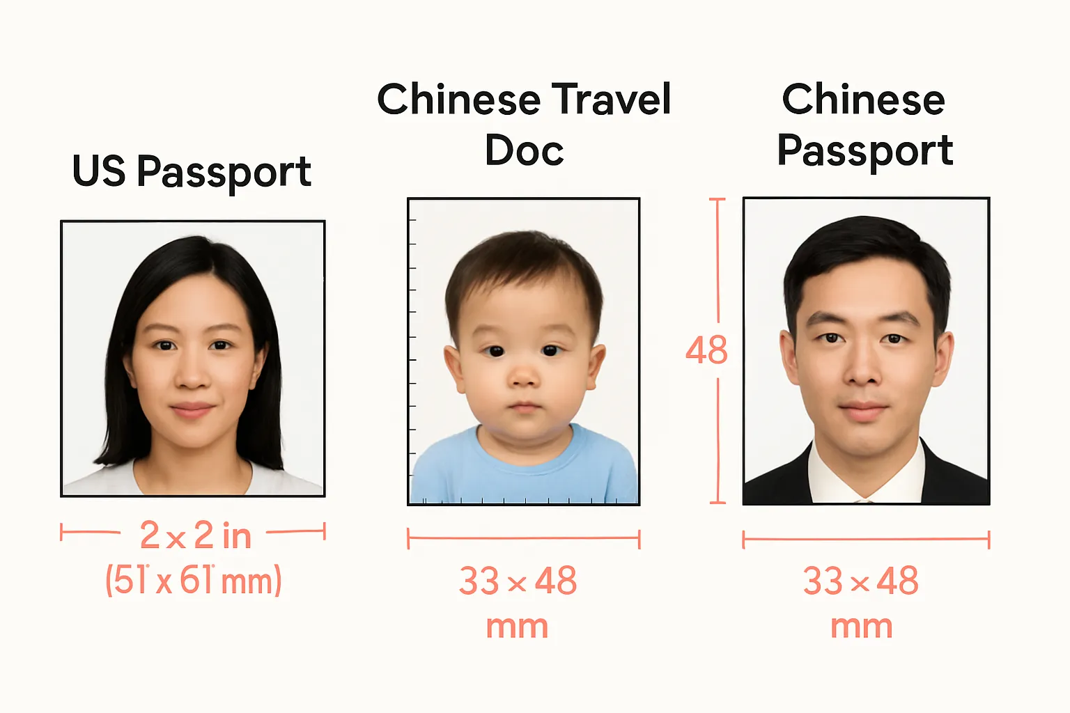 美国护照、中国旅行证、中国护照照片尺寸对比