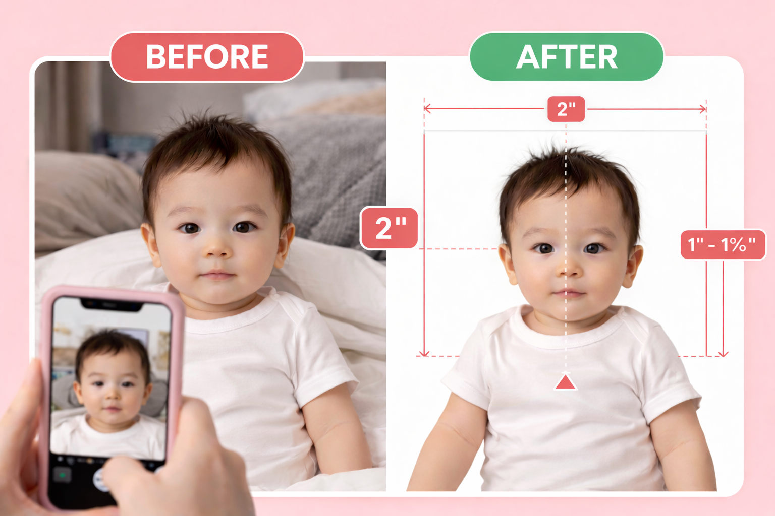 Before and after: Baby photo transformation to compliant passport photo