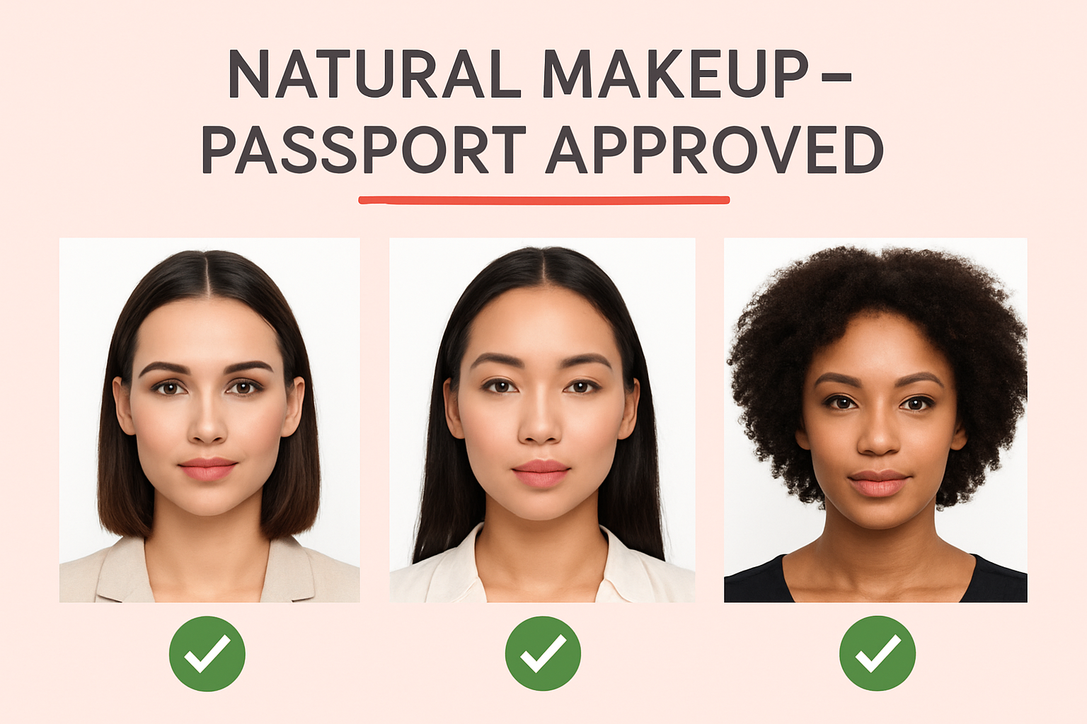 Natural passport photo makeup examples showing light foundation, subtle eyeliner, and natural lip color that keep facial features recognizable