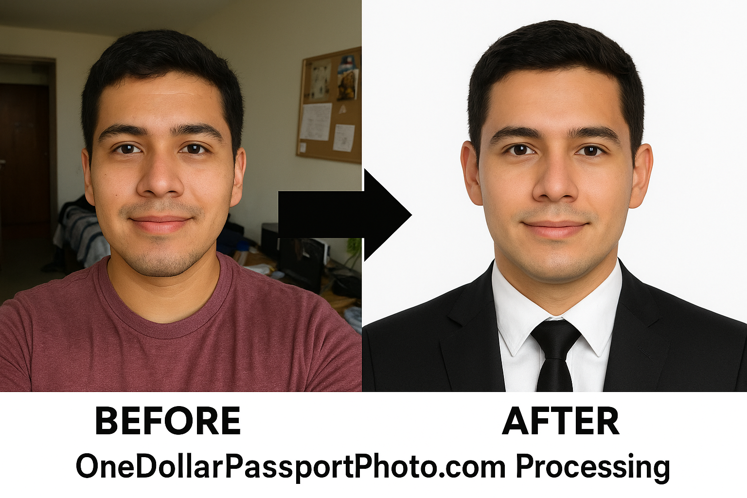 Before/after showing DIY photo at home transformed into professional student ID photo