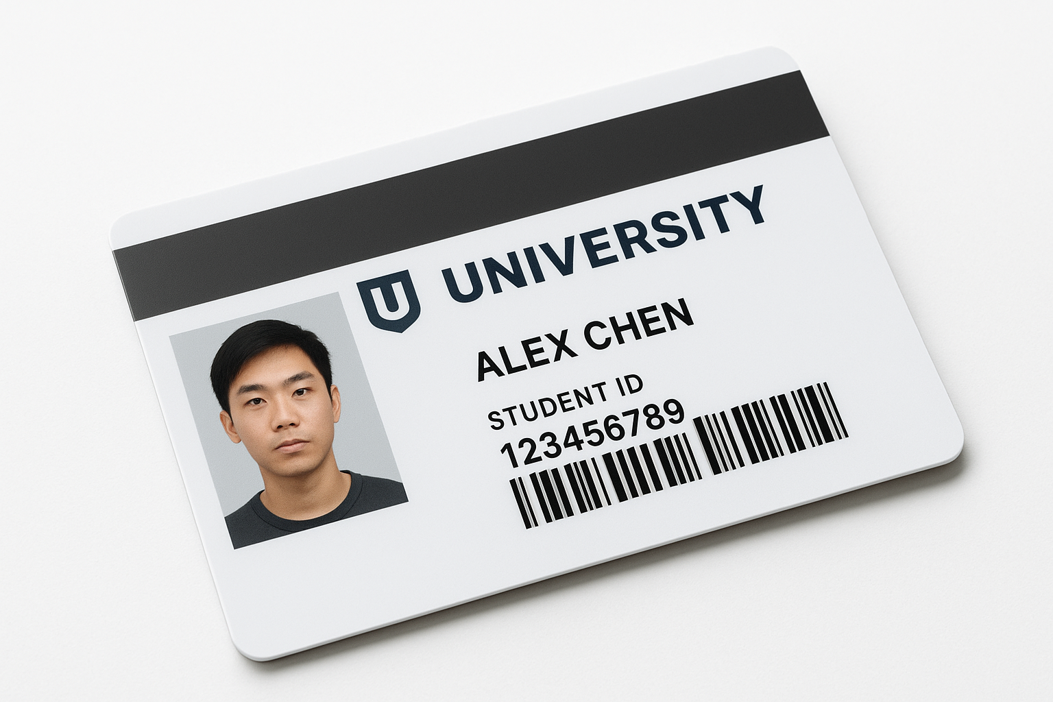 Example college ID card showing photo placement, student name, barcode, and magnetic stripe