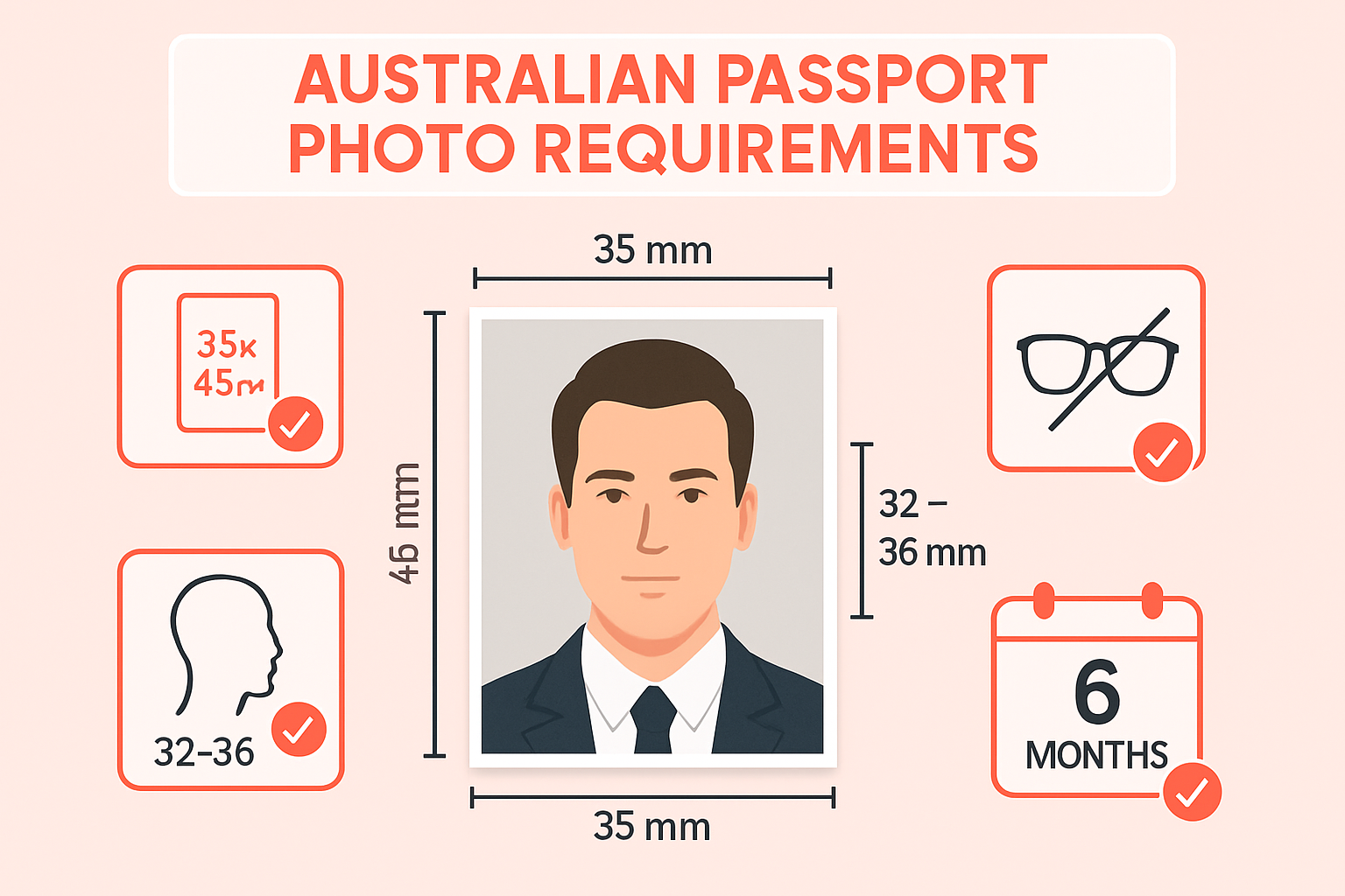 Australia visa photo requirements diagram showing dimensions and specifications