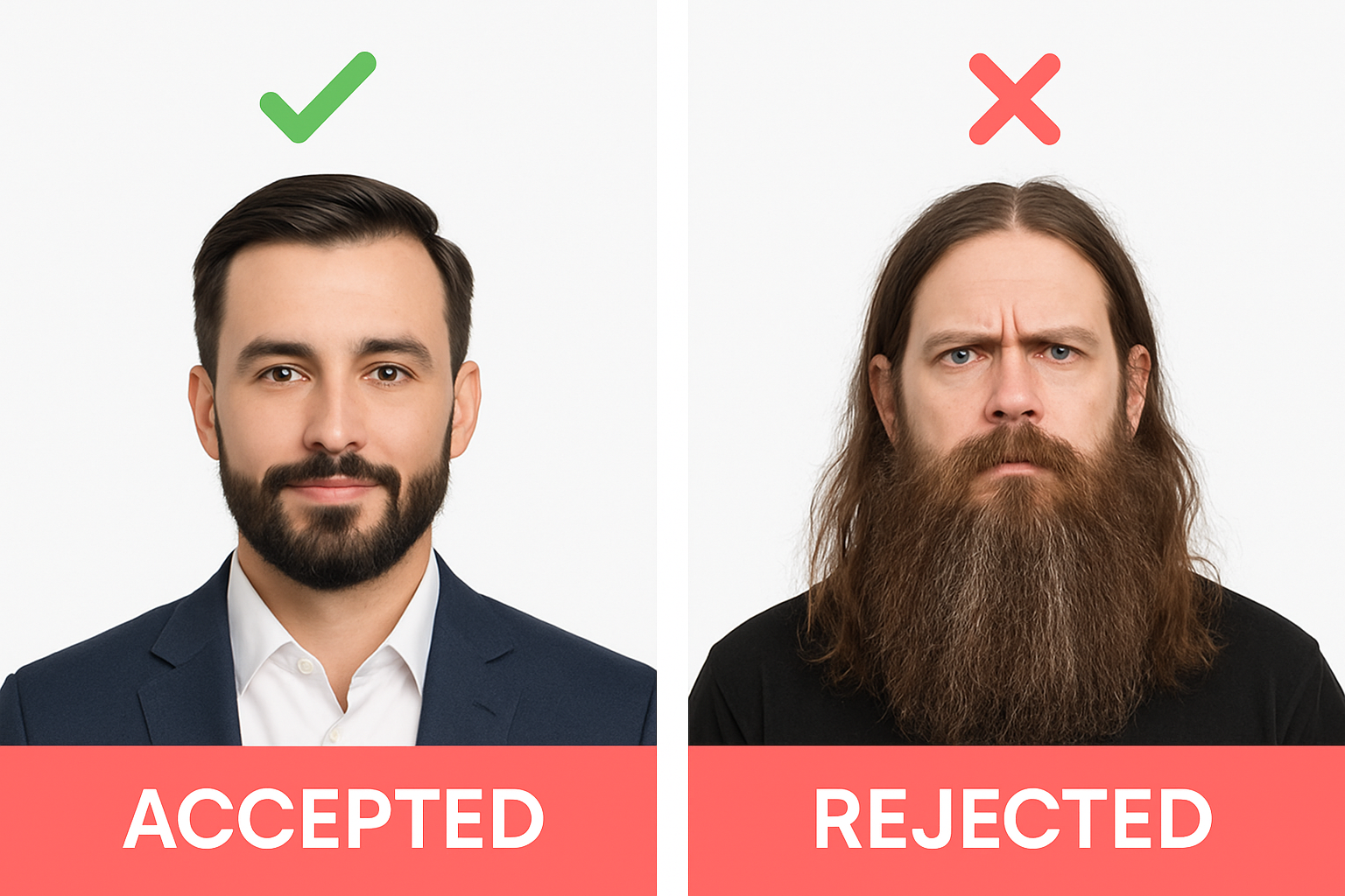 Comparison of accepted passport photo with groomed beard versus rejected photo with face-obscuring facial hair