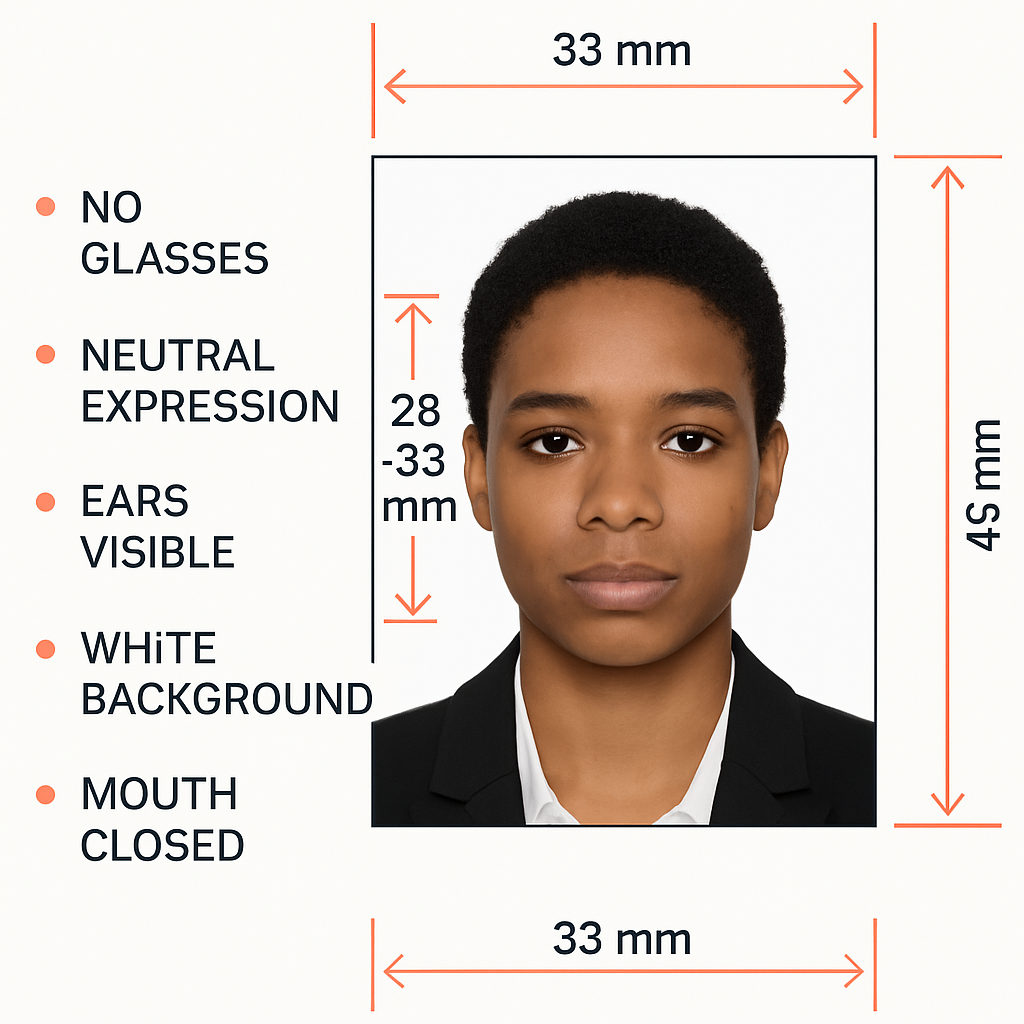 Chinese visa photo specification diagram showing dimensions and requirements
