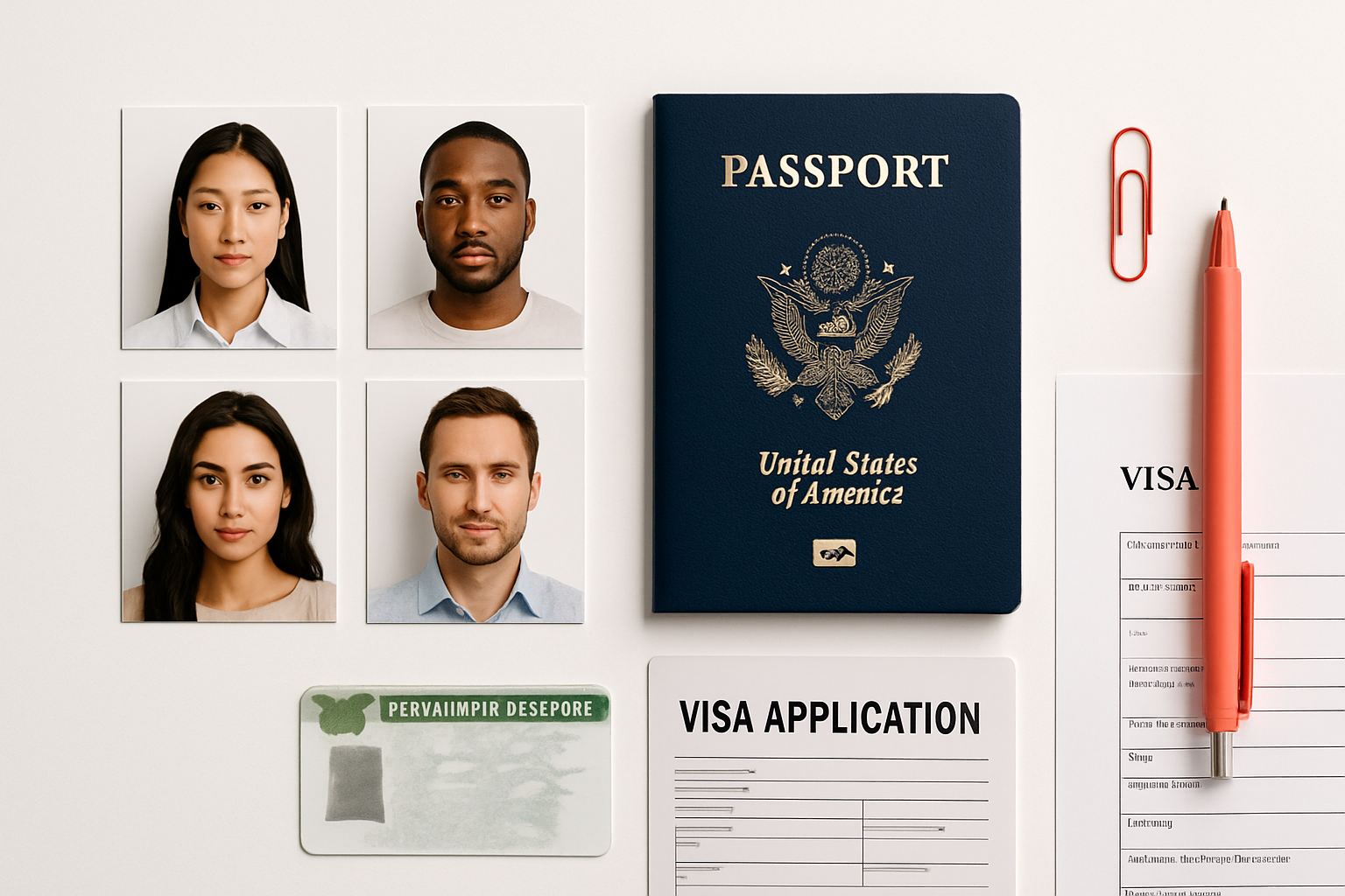 Multiple passport photos arranged next to a US passport, green card form, and visa application on a white background