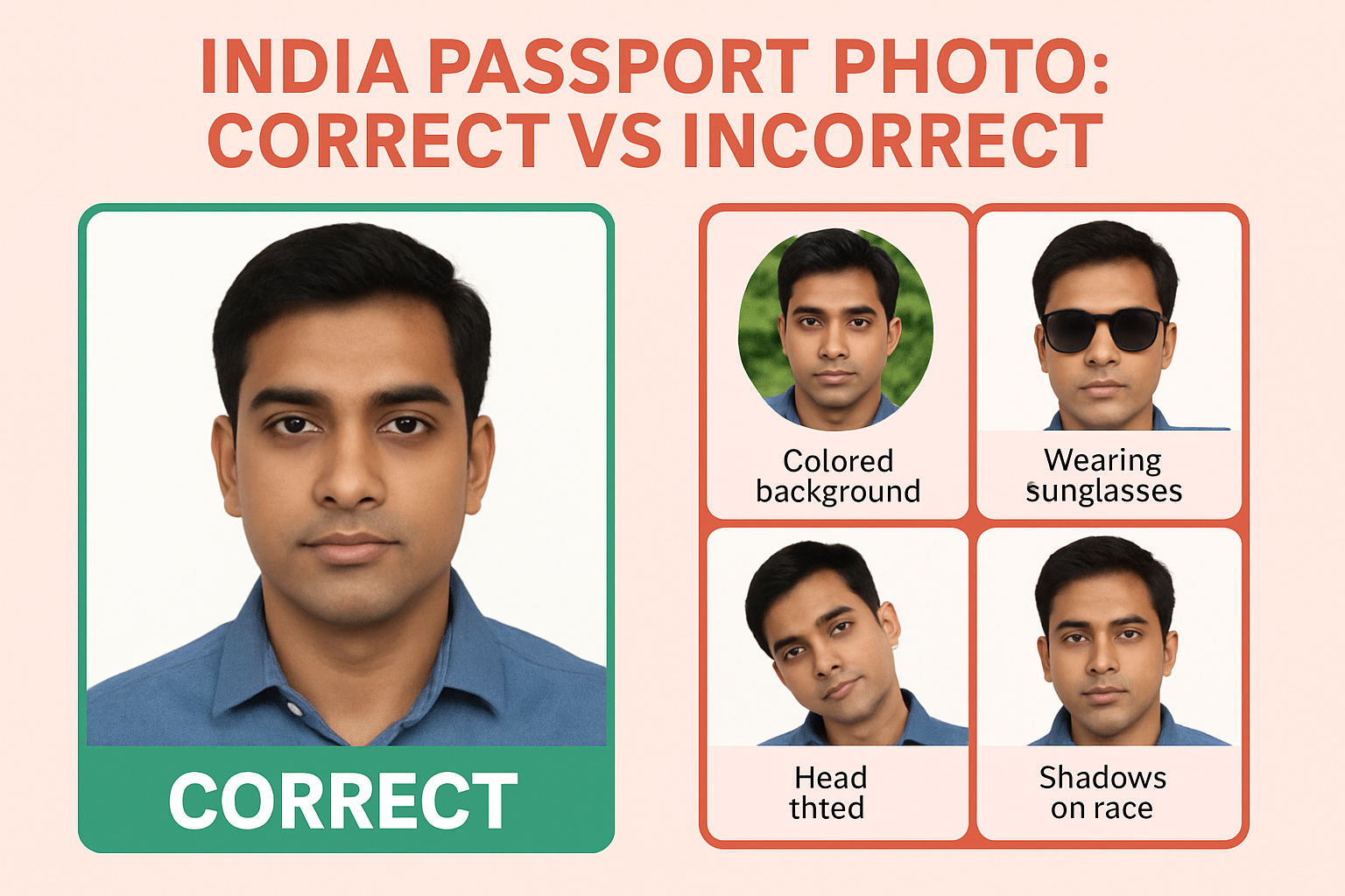 Correct vs incorrect India passport photo examples