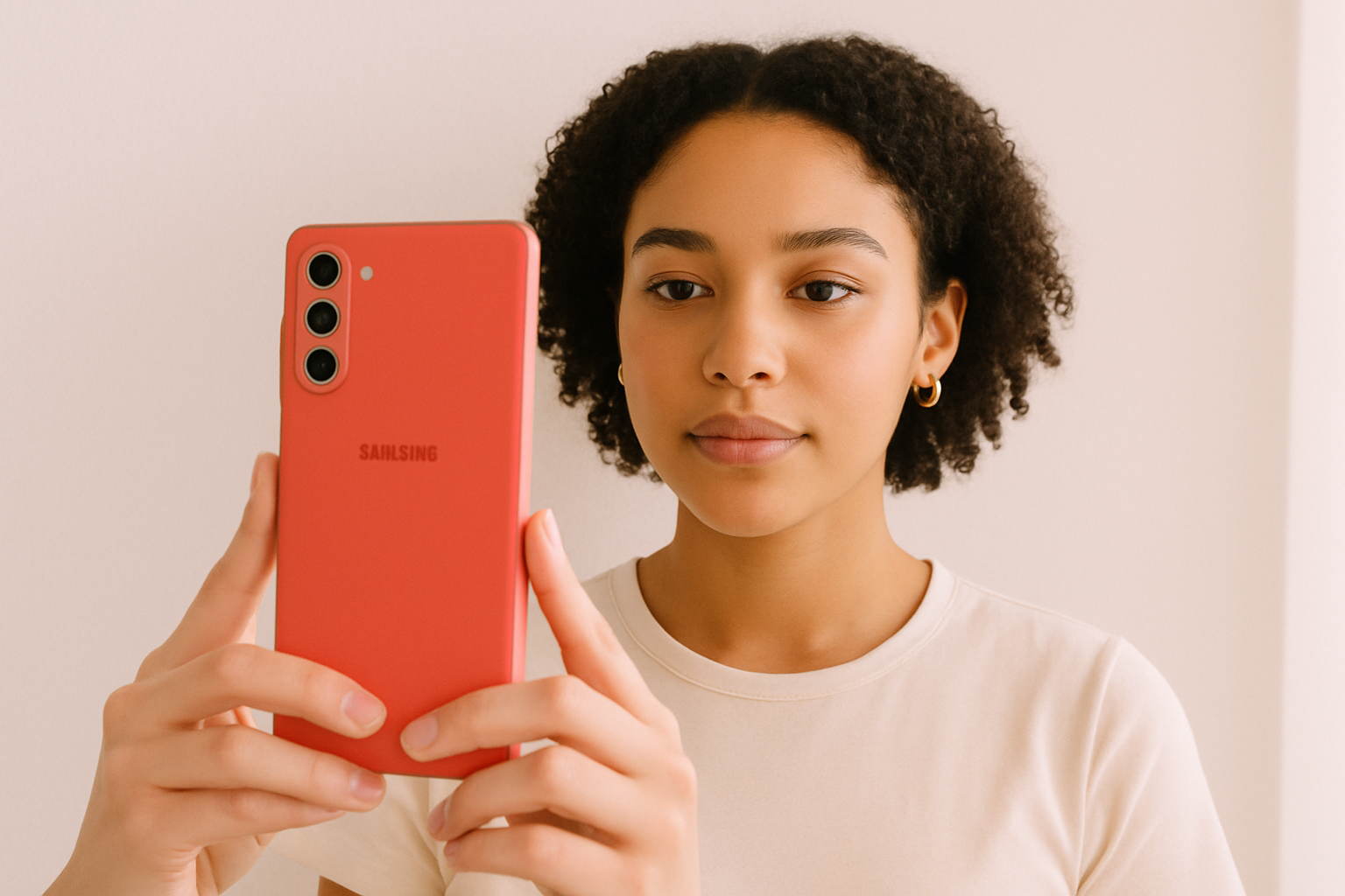 Person taking a passport photo with an Android phone against a white background