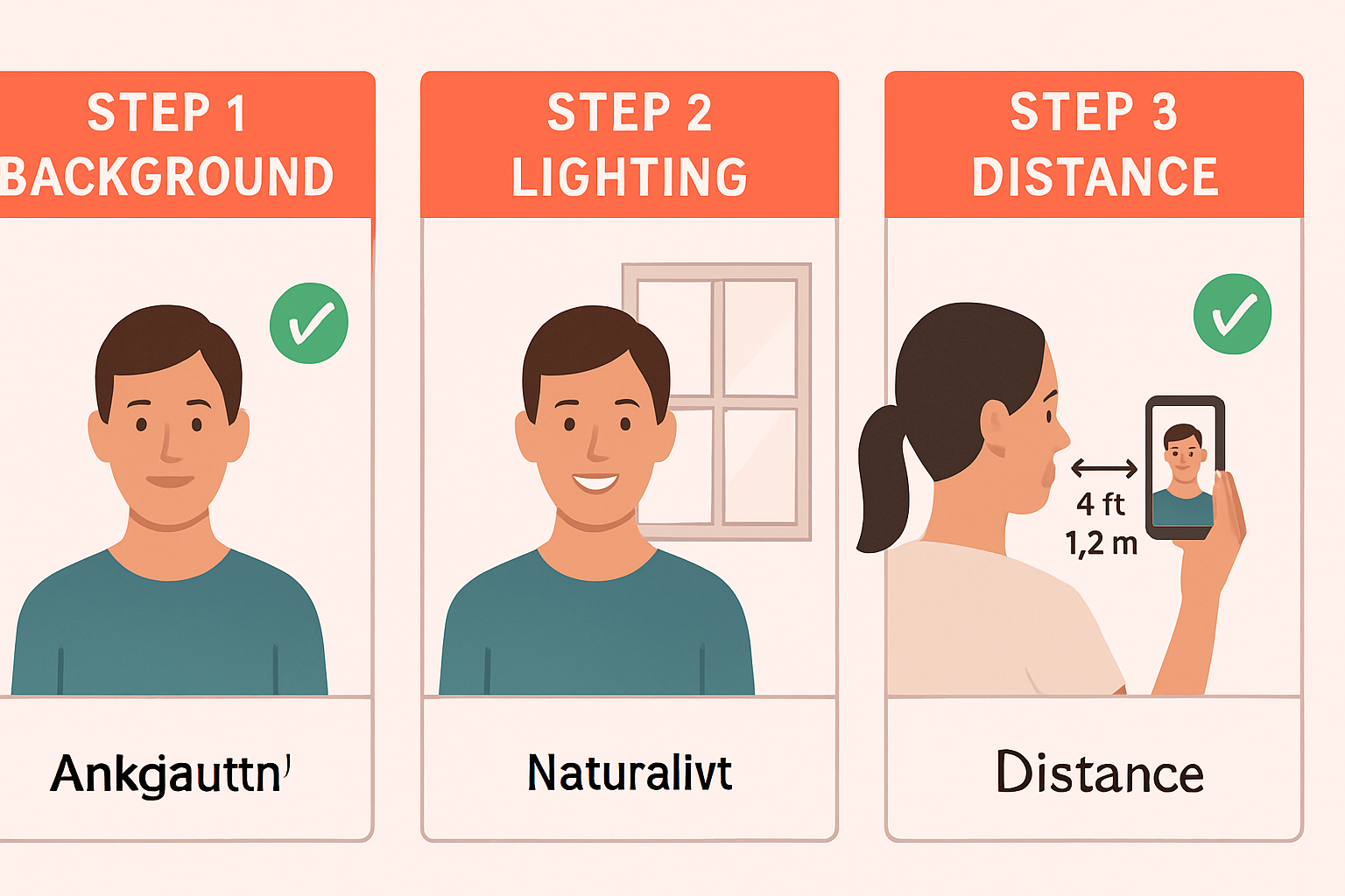 Step-by-step guide showing background, lighting, and distance setup for passport photos