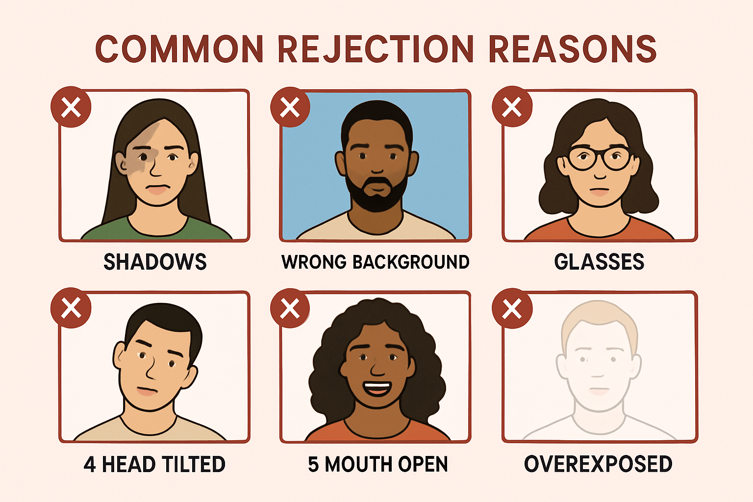 Common passport photo rejection reasons showing shadows, wrong background, glasses, head tilt, open mouth, and overexposure