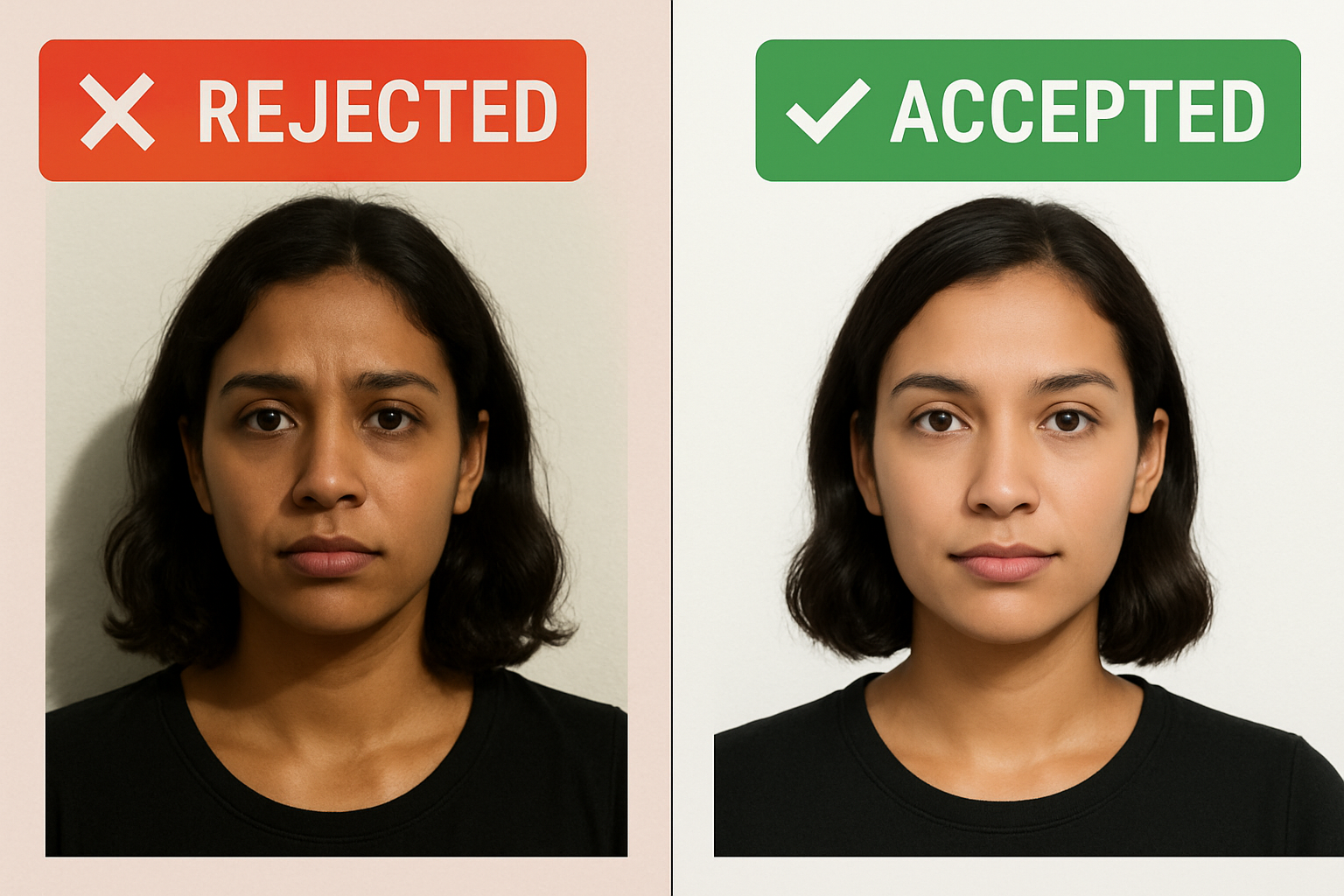 Split comparison of a passport photo with shadows (rejected) versus one without shadows (accepted)