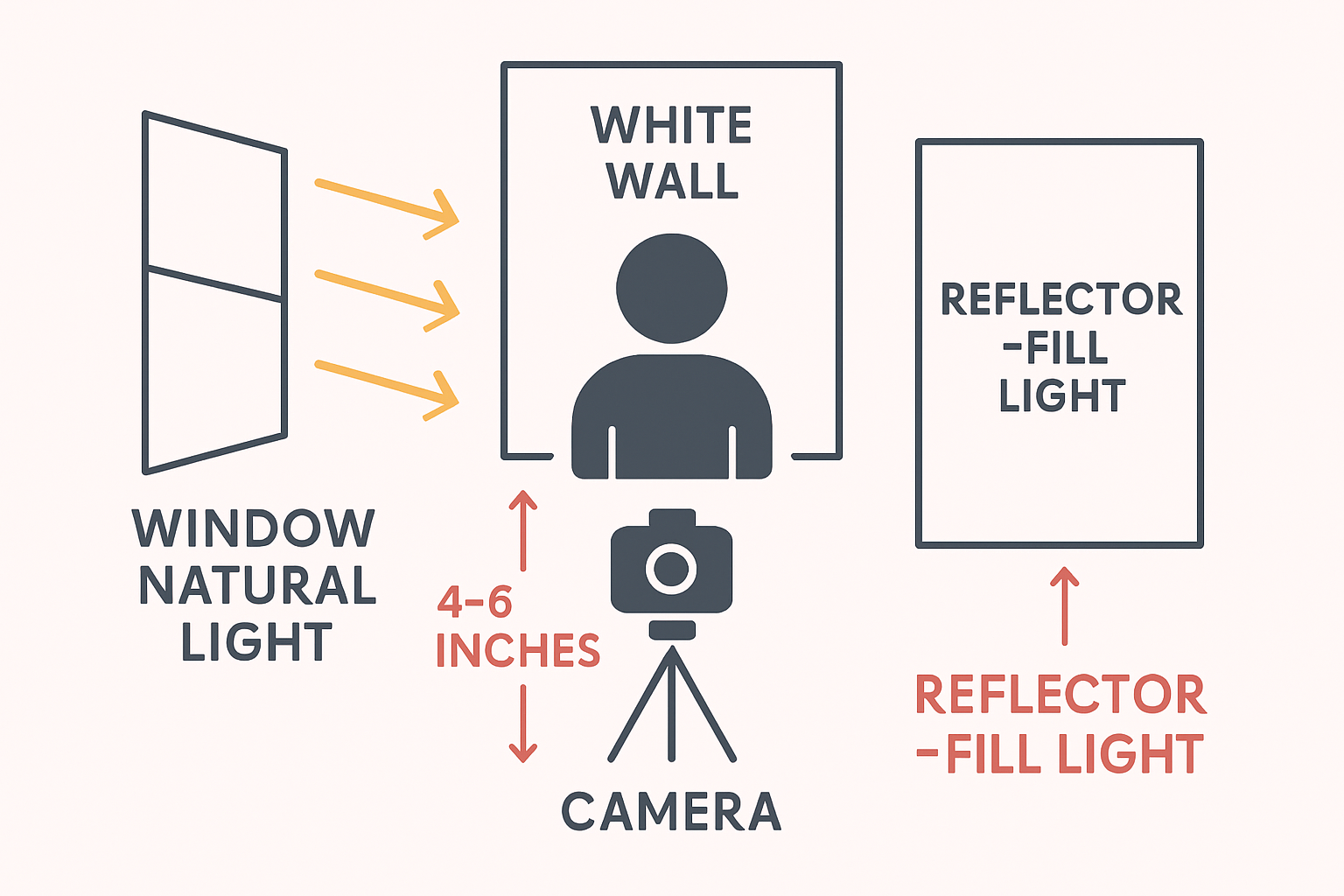 Diagram showing proper lighting setup with white wall background for passport photos