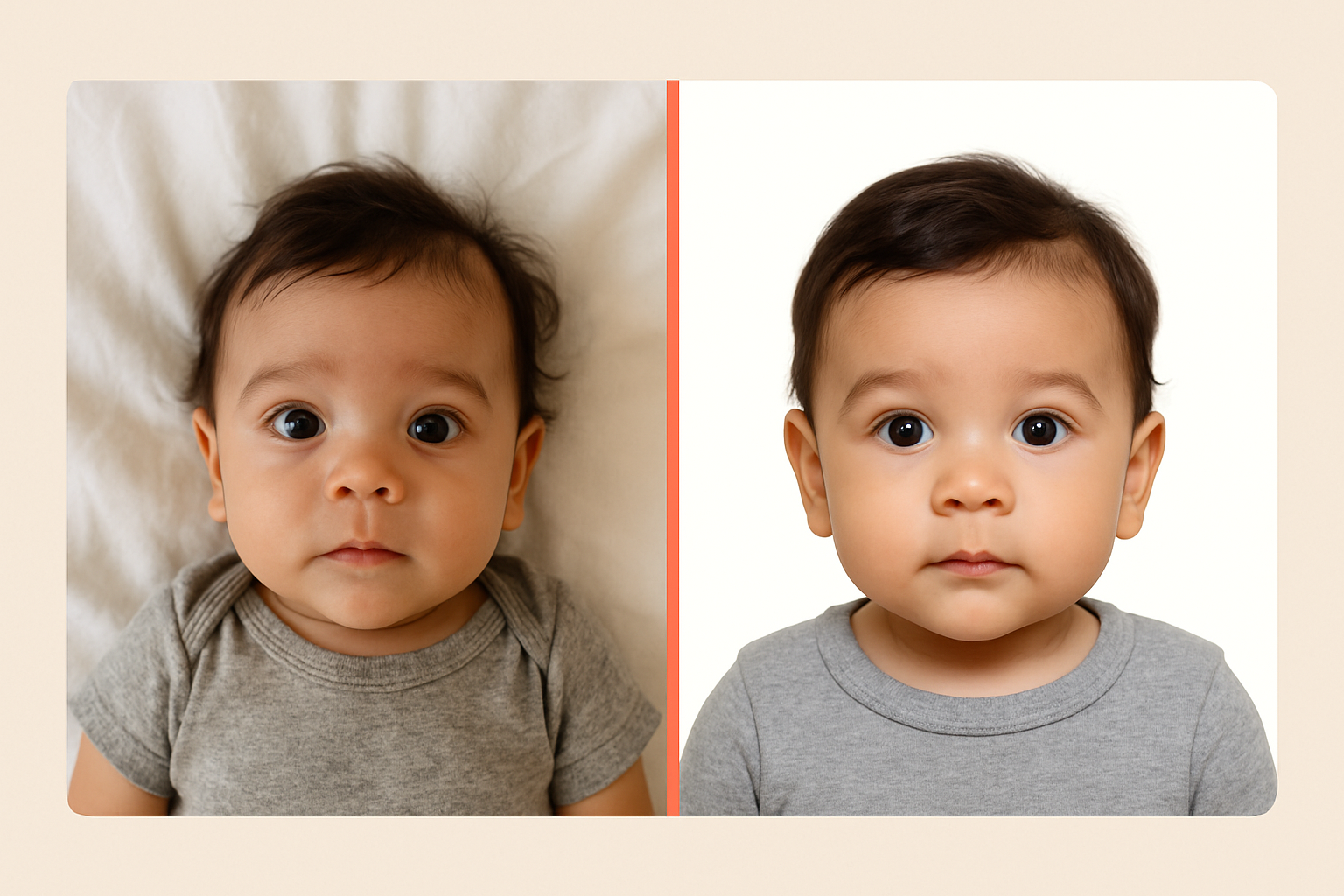 Side by side comparison of a professional headshot and a compliant passport photo