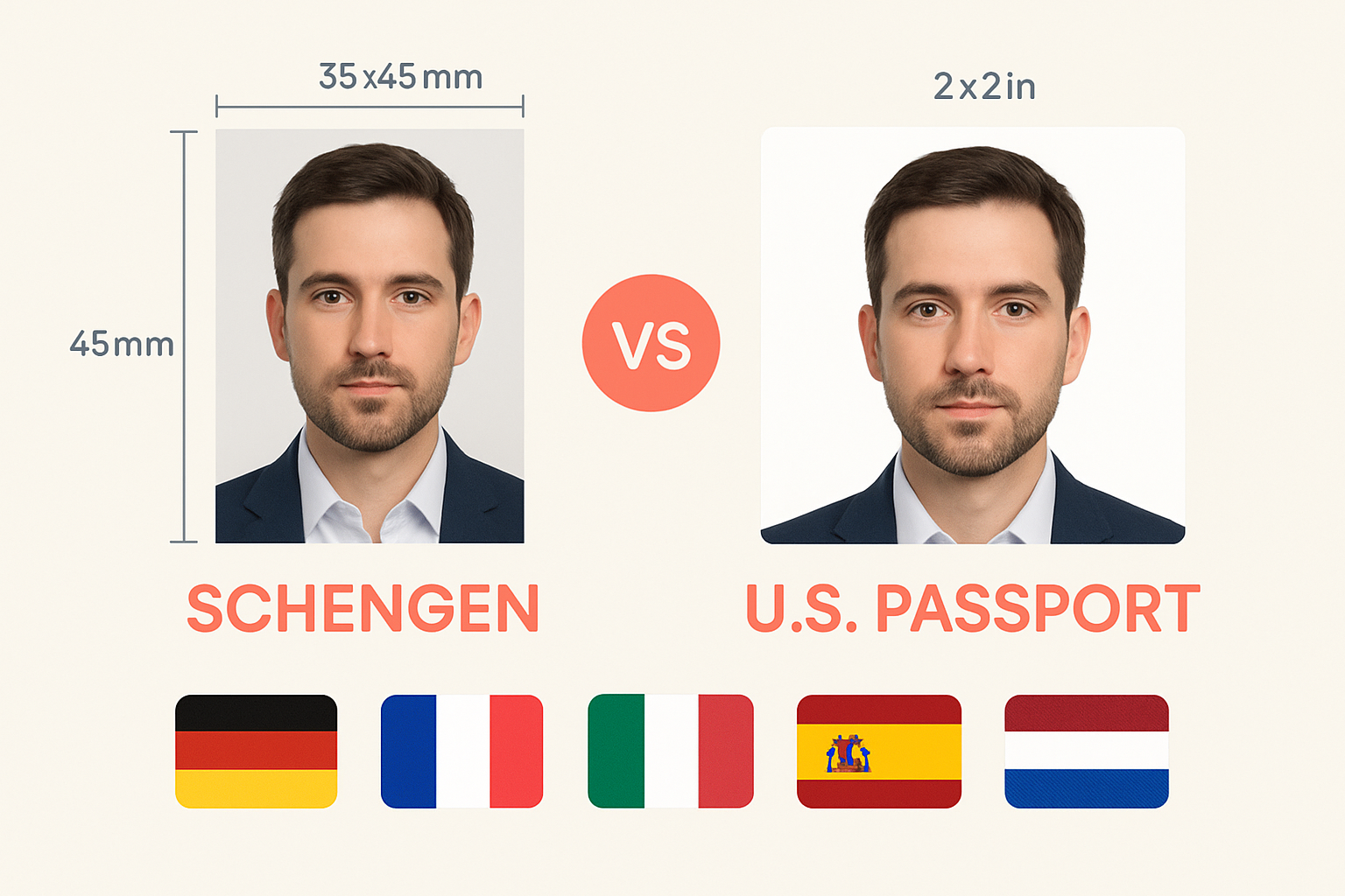Schengen visa photo requirements showing correct size and specifications
