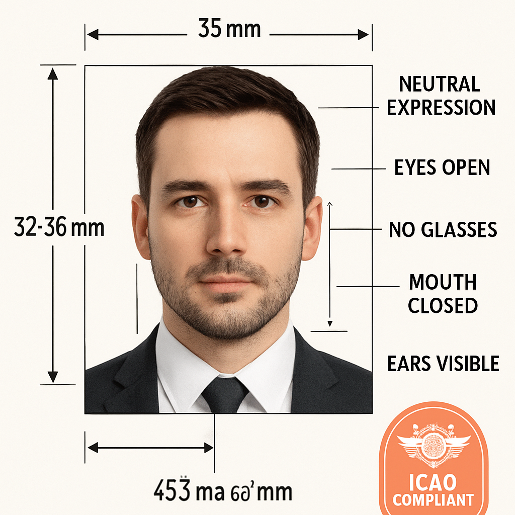 Detailed Schengen visa biometric photo specifications with measurement annotations