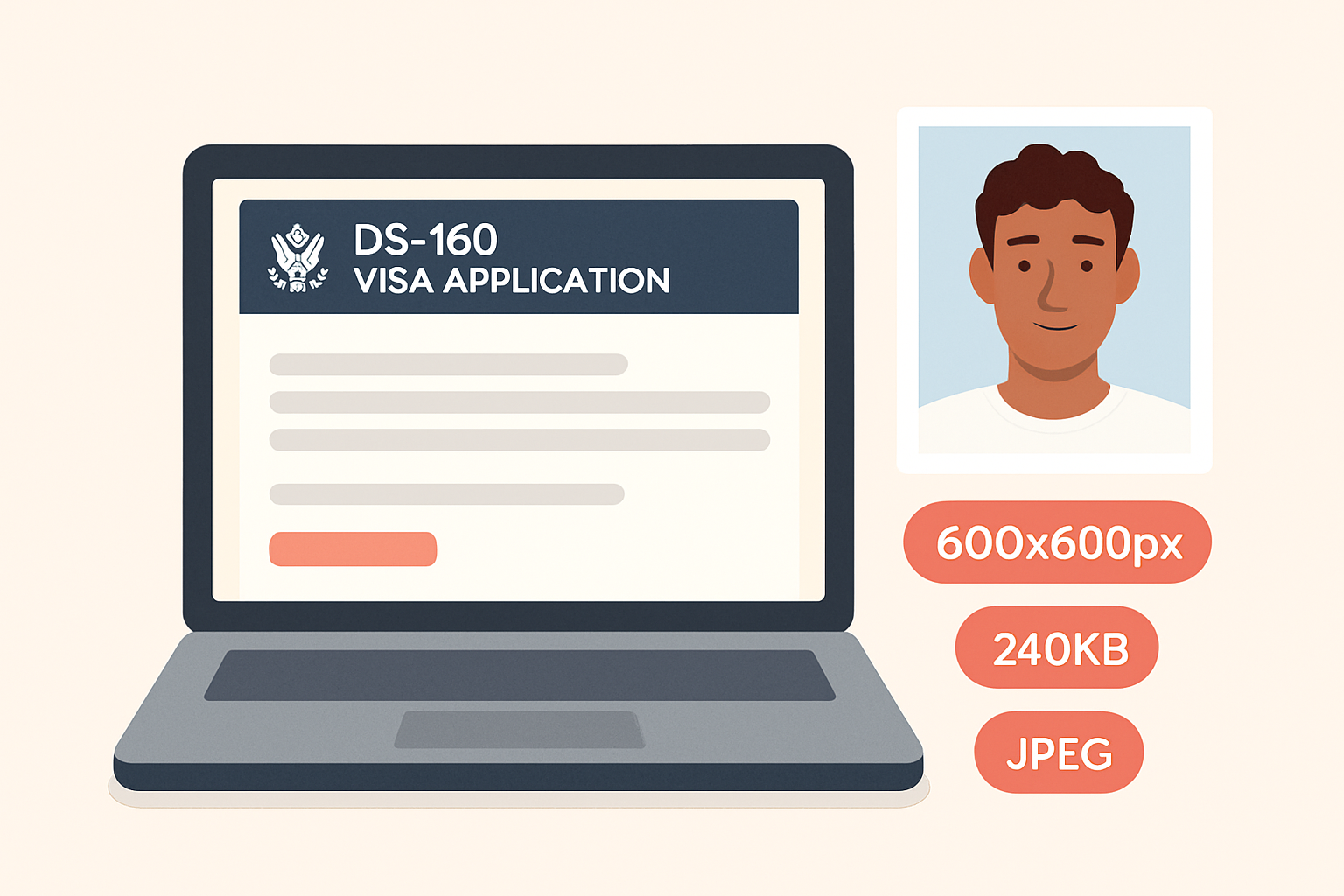 DS-160 visa application form on laptop with passport photo specifications