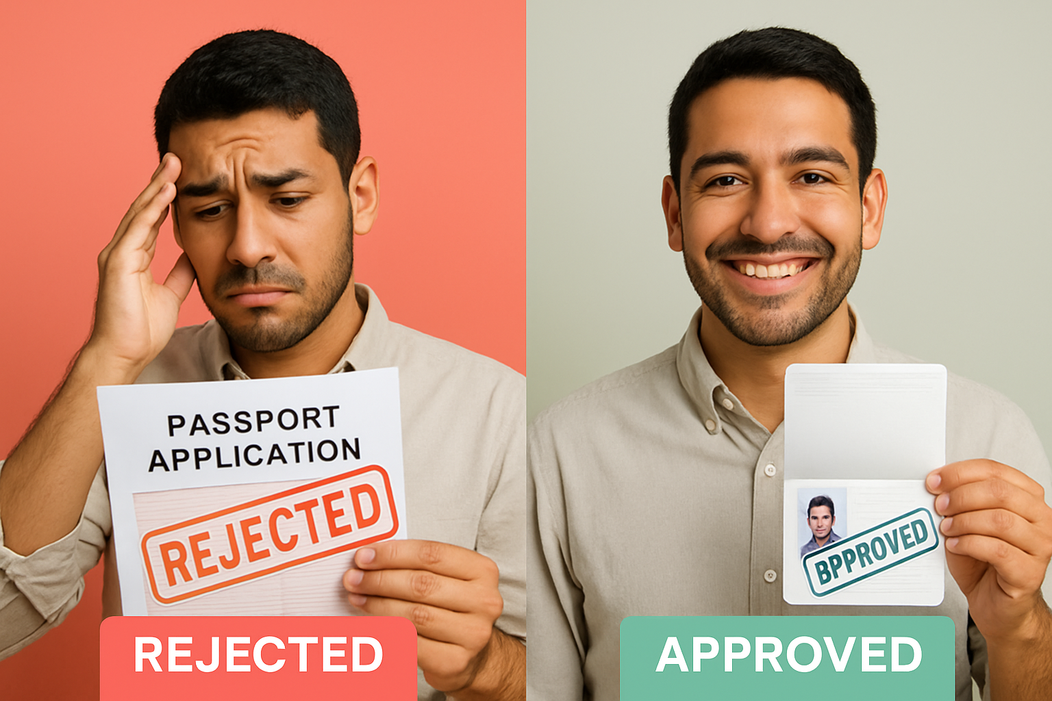 Split comparison showing a Latino person with a rejected passport photo on the left and an approved passport photo on the right