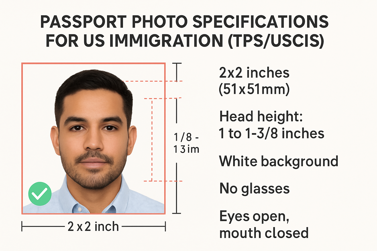 TPS passport photo specifications showing correct dimensions, head size, and background requirements