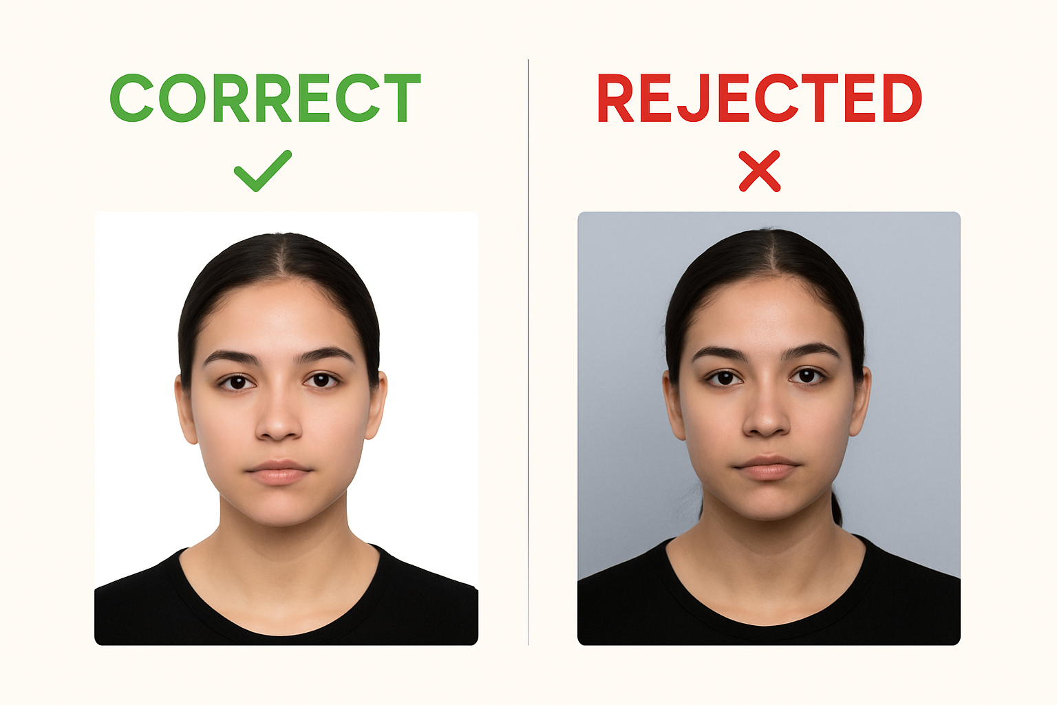 Correct vs rejected US passport photo comparison showing proper and improper examples