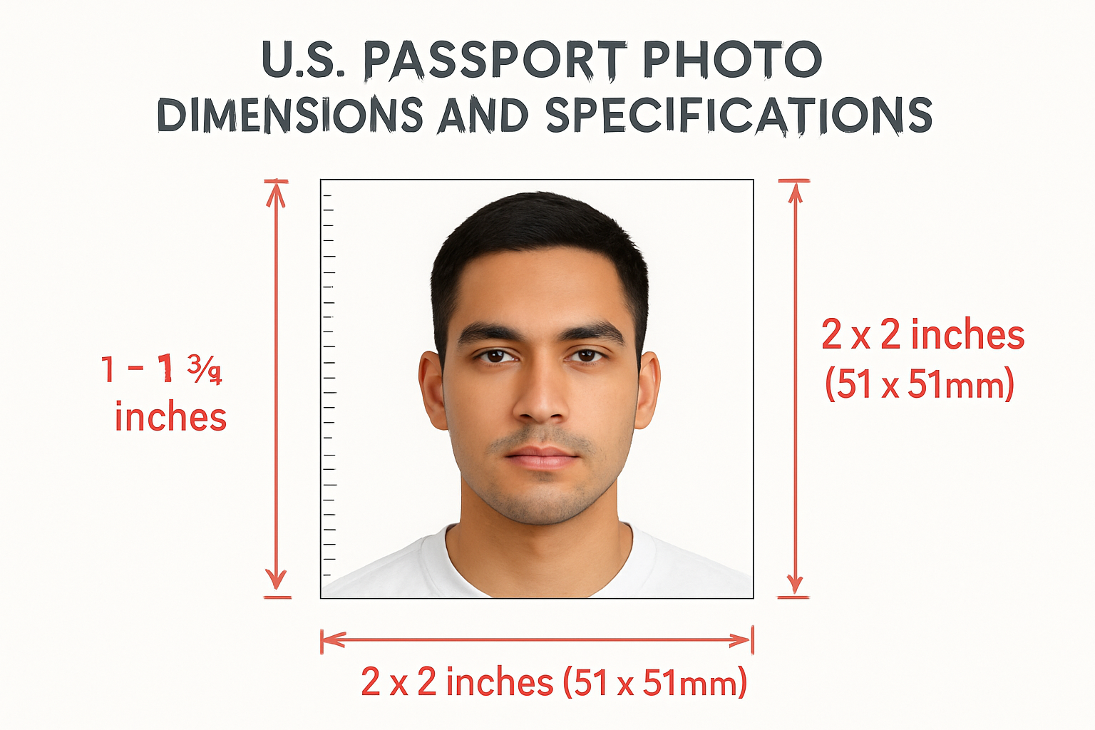 US passport photo dimensions infographic showing 2x2 inches and head height measurements