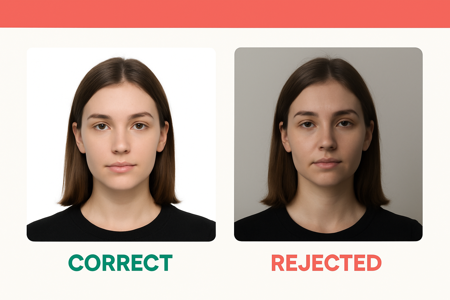 Correct vs rejected green card lottery photo comparison showing proper lighting and background requirements