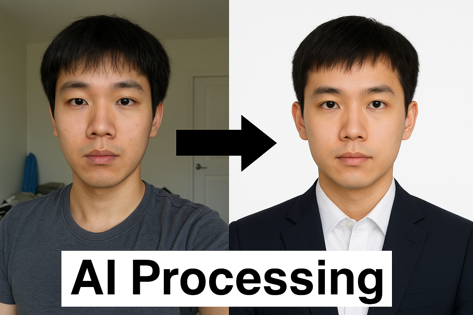 Before and after photo showing OneDollarPassportPhoto.com's background removal and cropping