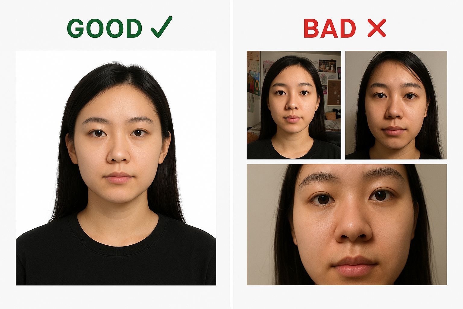 Student ID photo examples showing good vs bad: proper 2x2 format with white background vs common mistakes