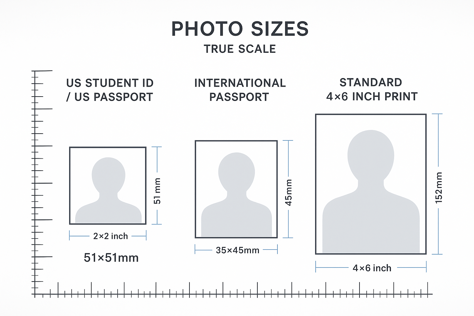Size comparison chart showing 2x2 inch student ID format vs other common photo sizes