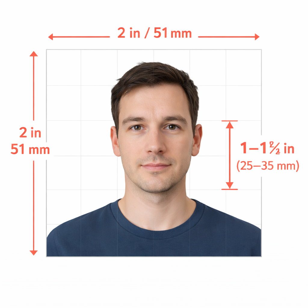 US passport photo with dimension annotations showing 2x2 inch size