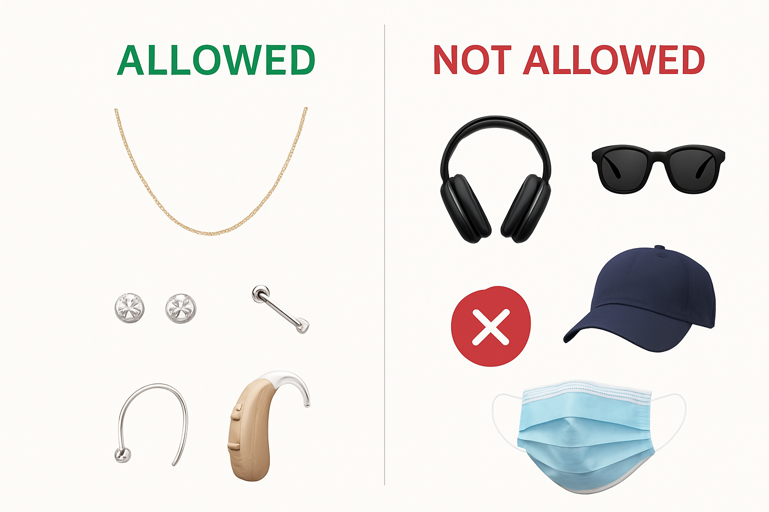 Passport photo accessories: allowed items like jewelry and piercings vs not allowed items like headphones, sunglasses, caps, and face masks