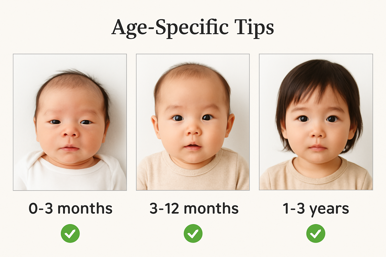 不同年龄宝宝护照照片示范：新生儿、婴儿、幼儿