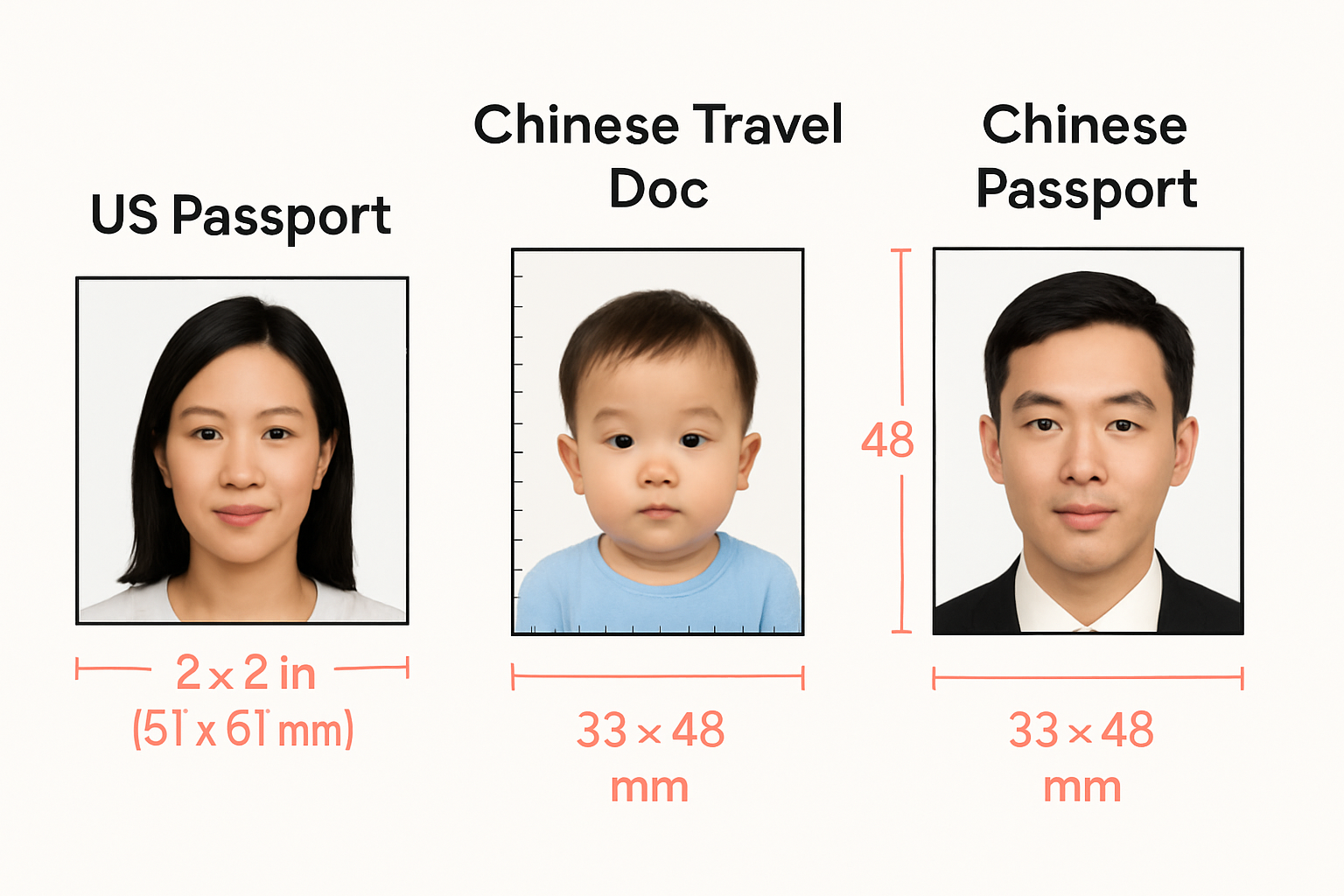 美国护照、中国旅行证、中国护照照片尺寸对比